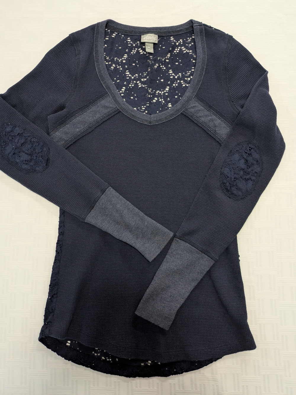 Y2K Vanity Essentials Navy Thermal Lace Back Top Elbow Patches Medium